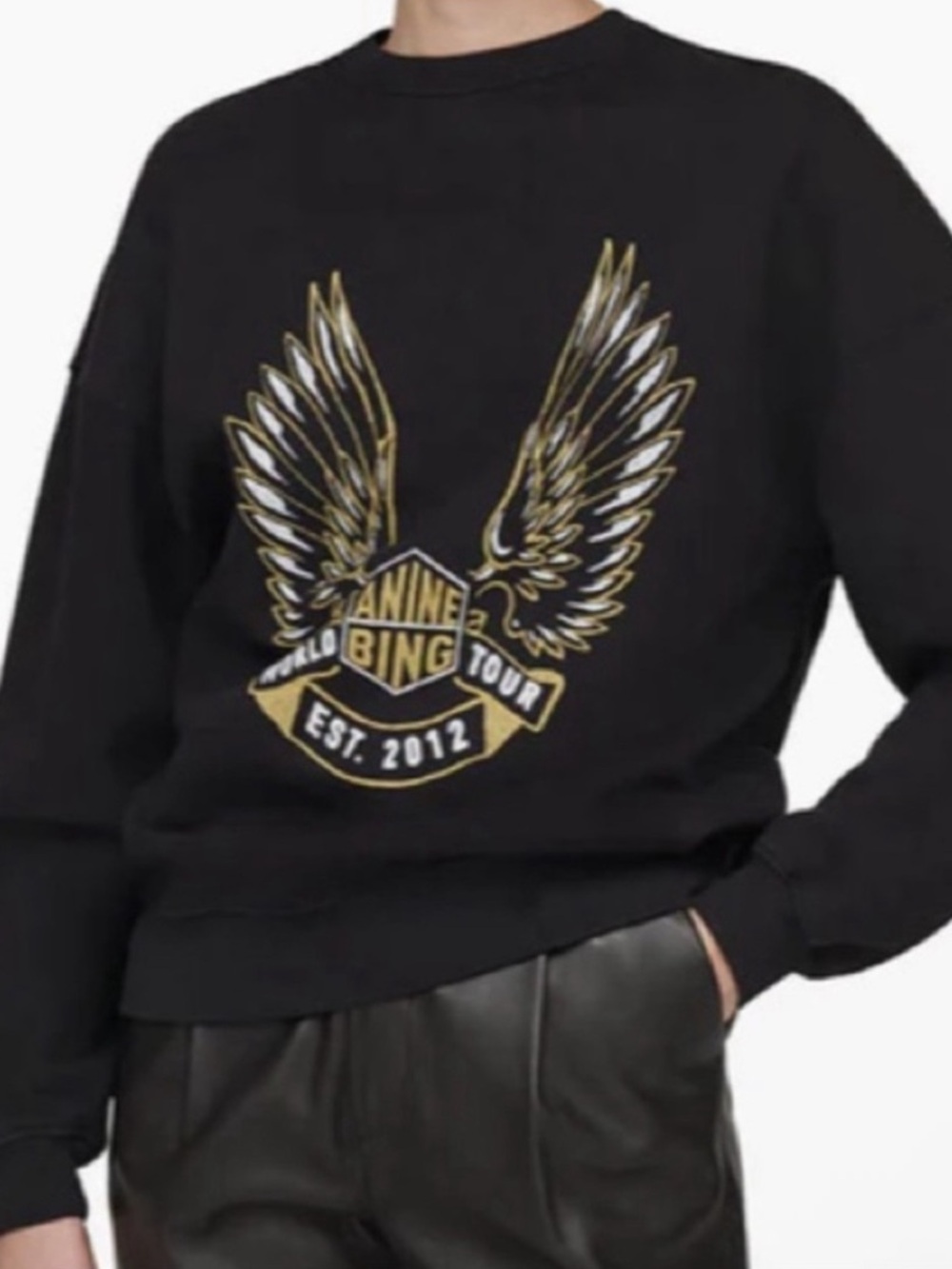 Anine Bing Black Crewneck Sweatshirt with Gold Wing Graphic NWT Small